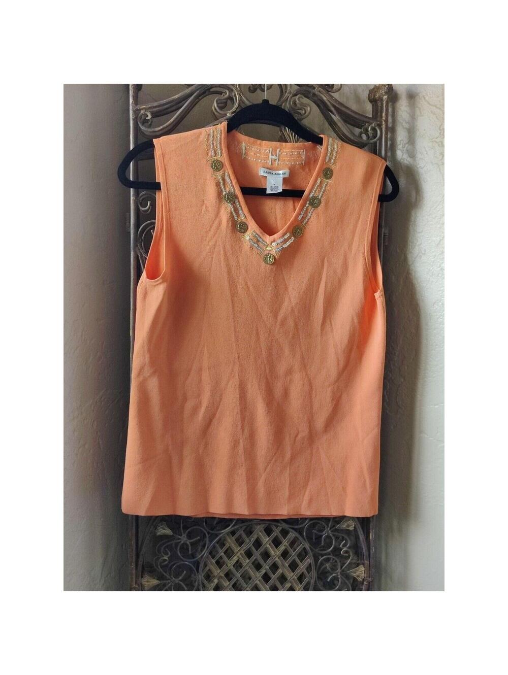 Laura Ashley Orange Beaded V Neck Sleeveless Sweater Tank Top Women's Medium